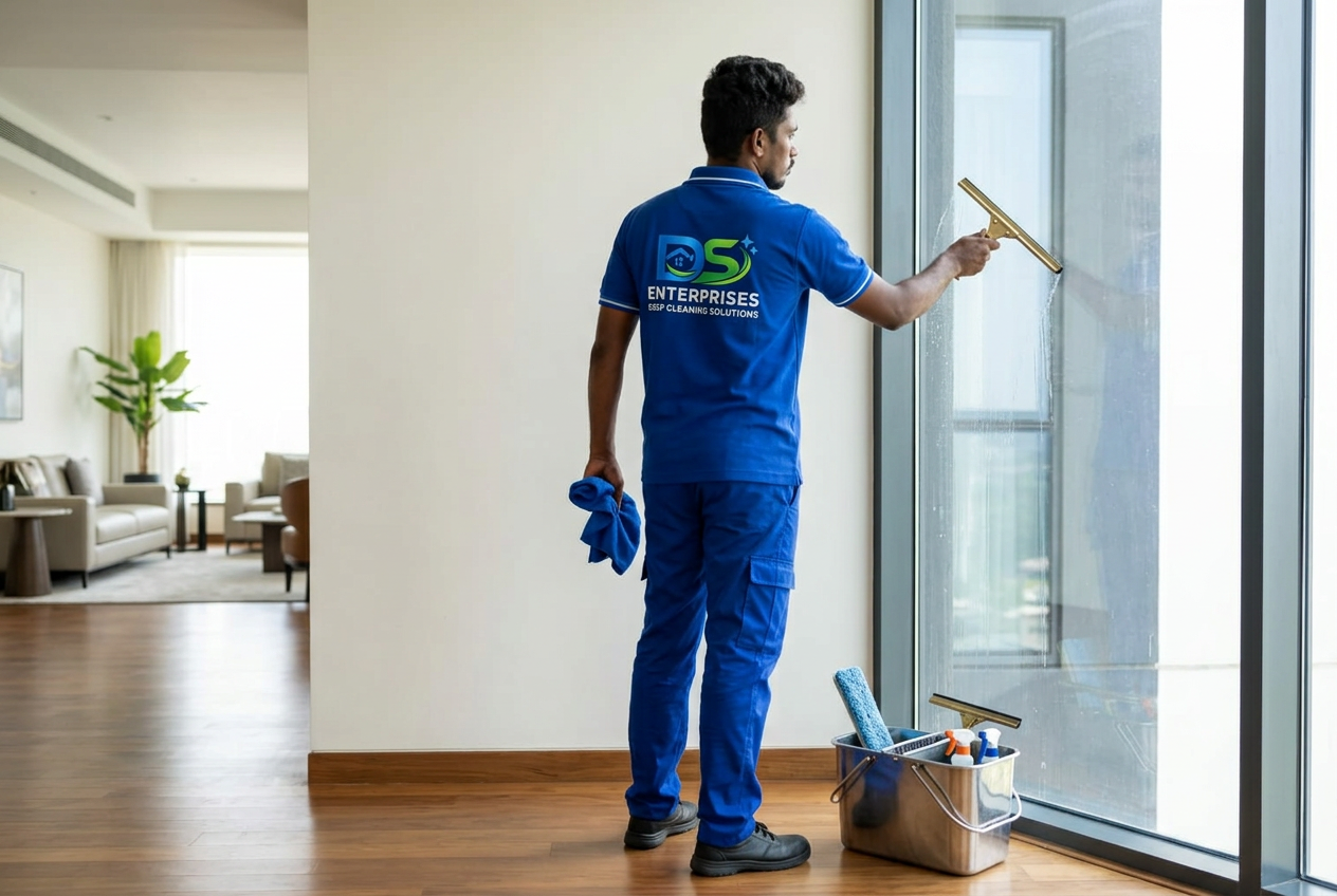 DS Enterprises professional in a branded blue uniform cleaning an apartment window