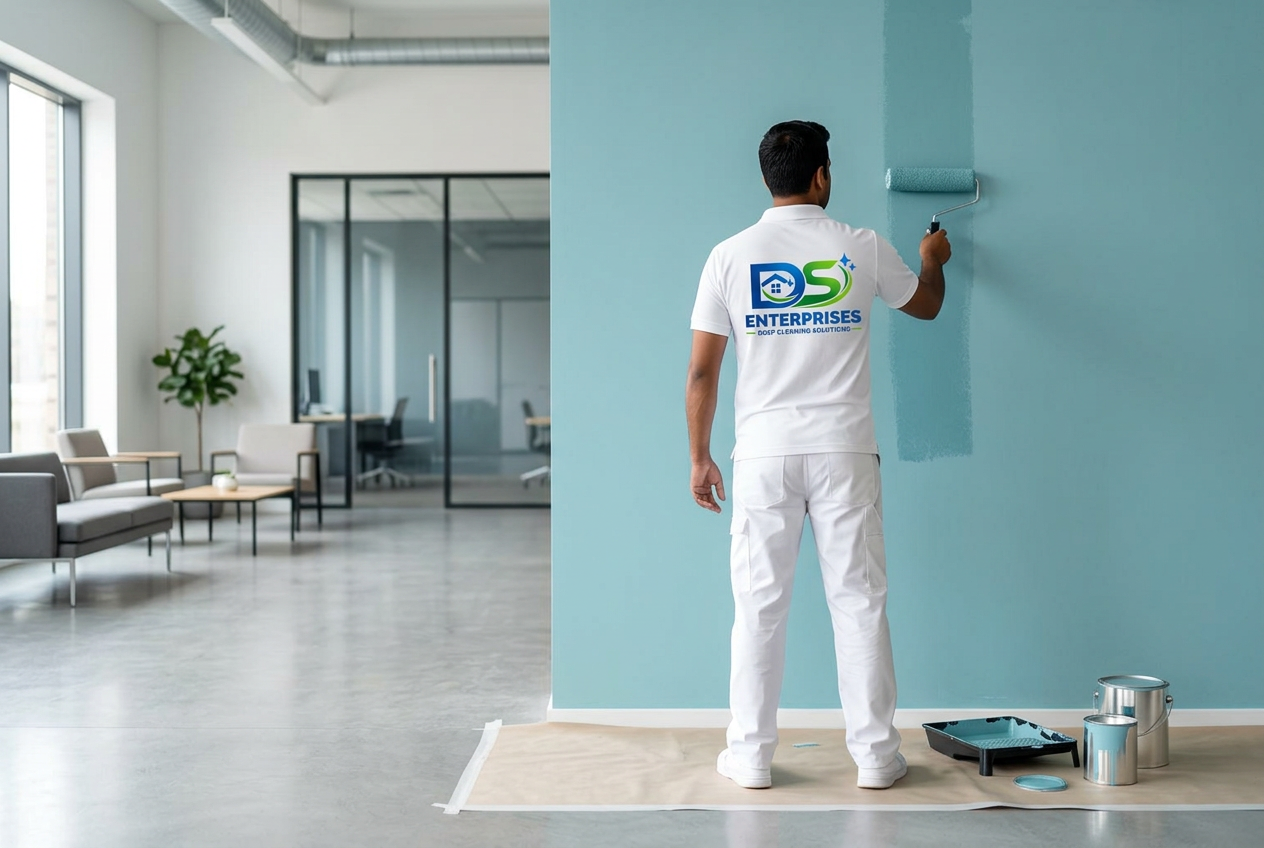DS Enterprises painter in a branded white uniform professionally painting an office wall